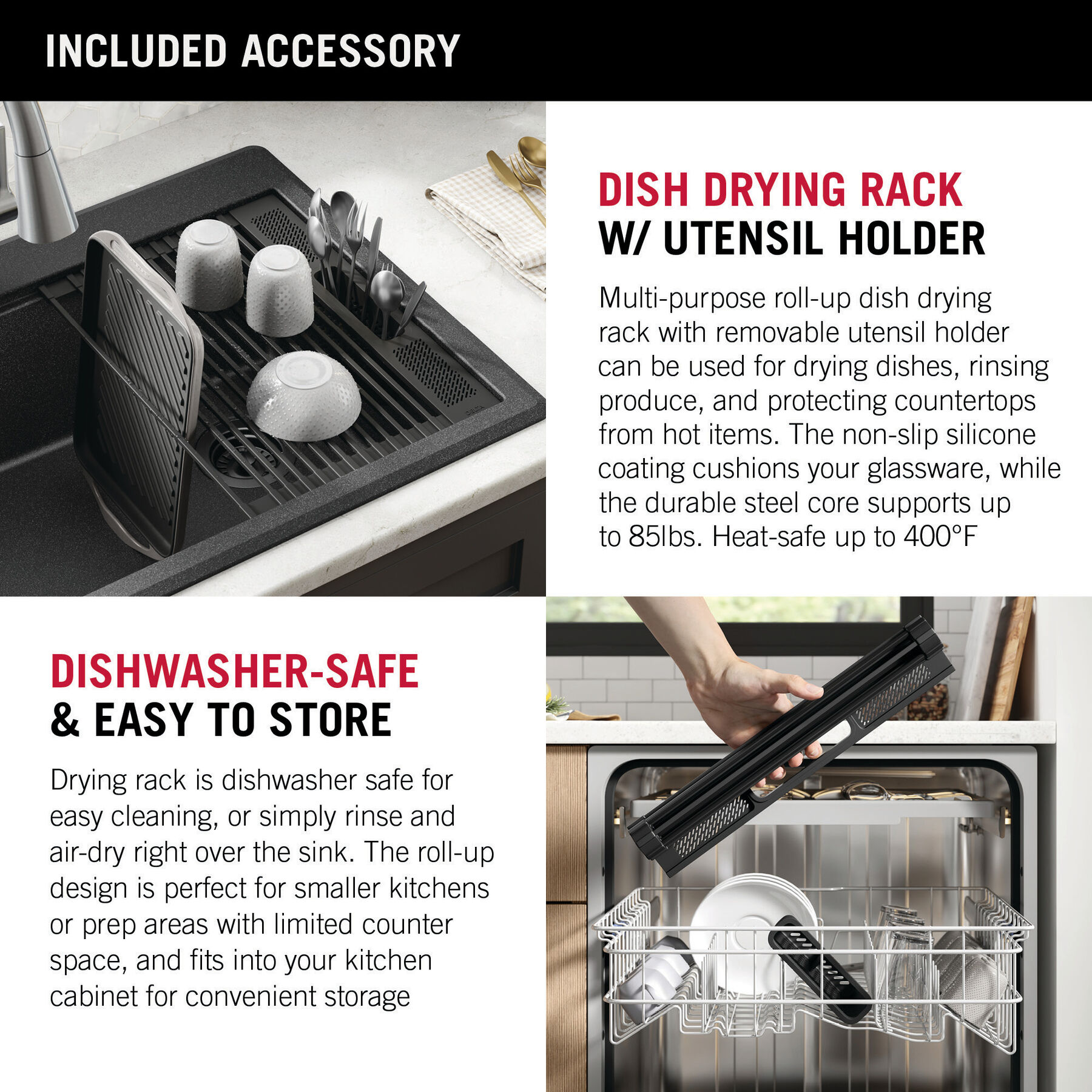30” Granite Composite Workstation Kitchen Sink Drop-In Top Mount Single Bowl with WorkFlow™ Ledge and Accessories in Black, image 2